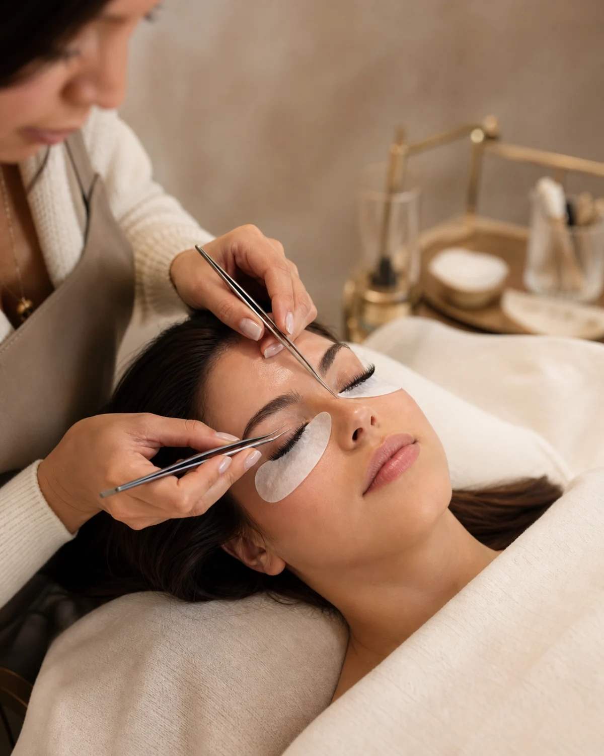 A lash technician carefully applying soft wispy eyelash extensions