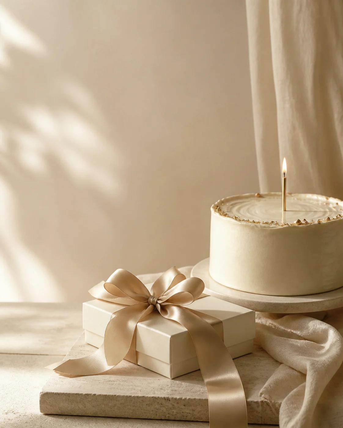 Ivory birthday gift with champagne ribbon beside a softly lit cake