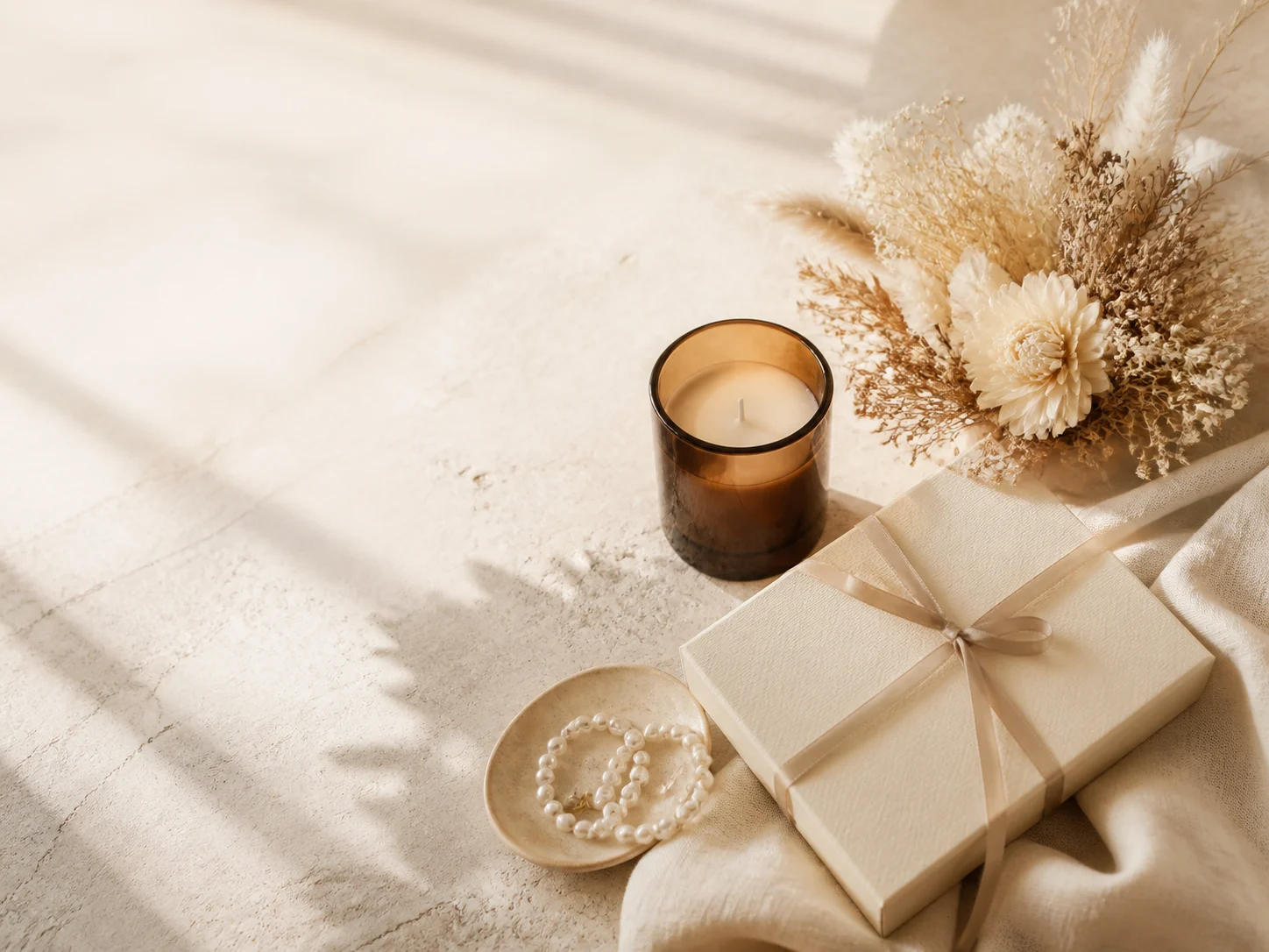 Ivory gift, amber candle and dried florals in warm afternoon light