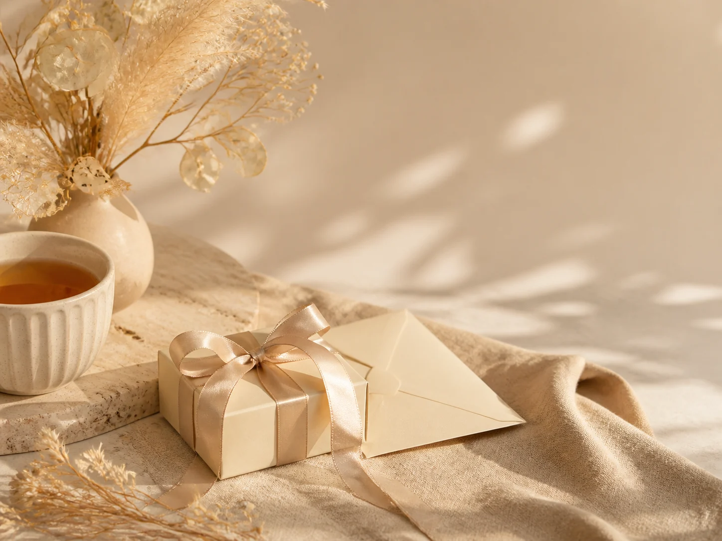 Champagne-wrapped thank-you gift with tea and neutral botanicals