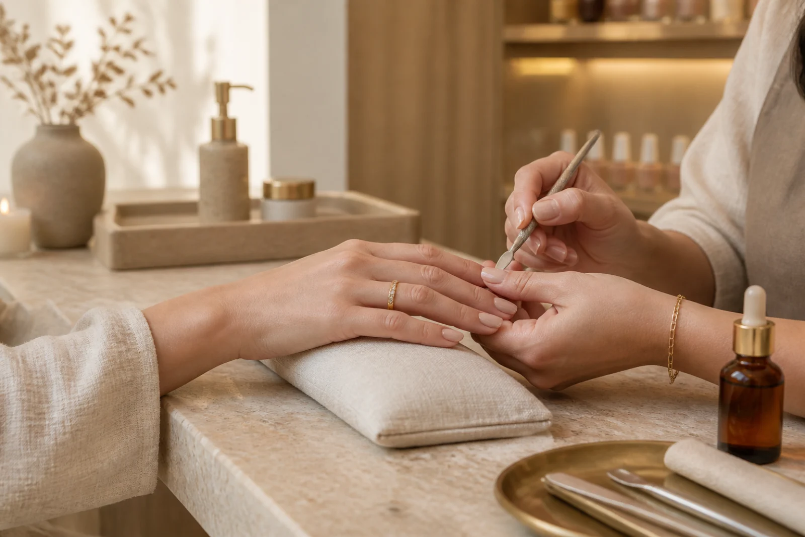 A nail technician carefully finishing a nude manicure in a warm beige salon setting