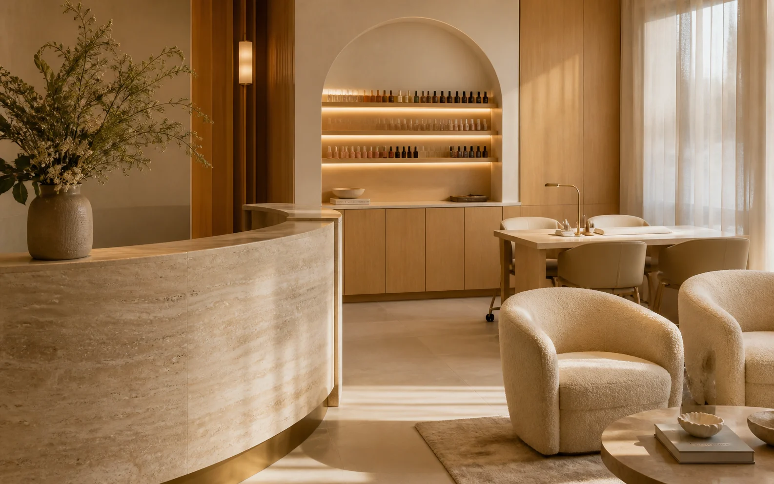 A warm Lume-inspired salon interior with travertine reception and cream seating