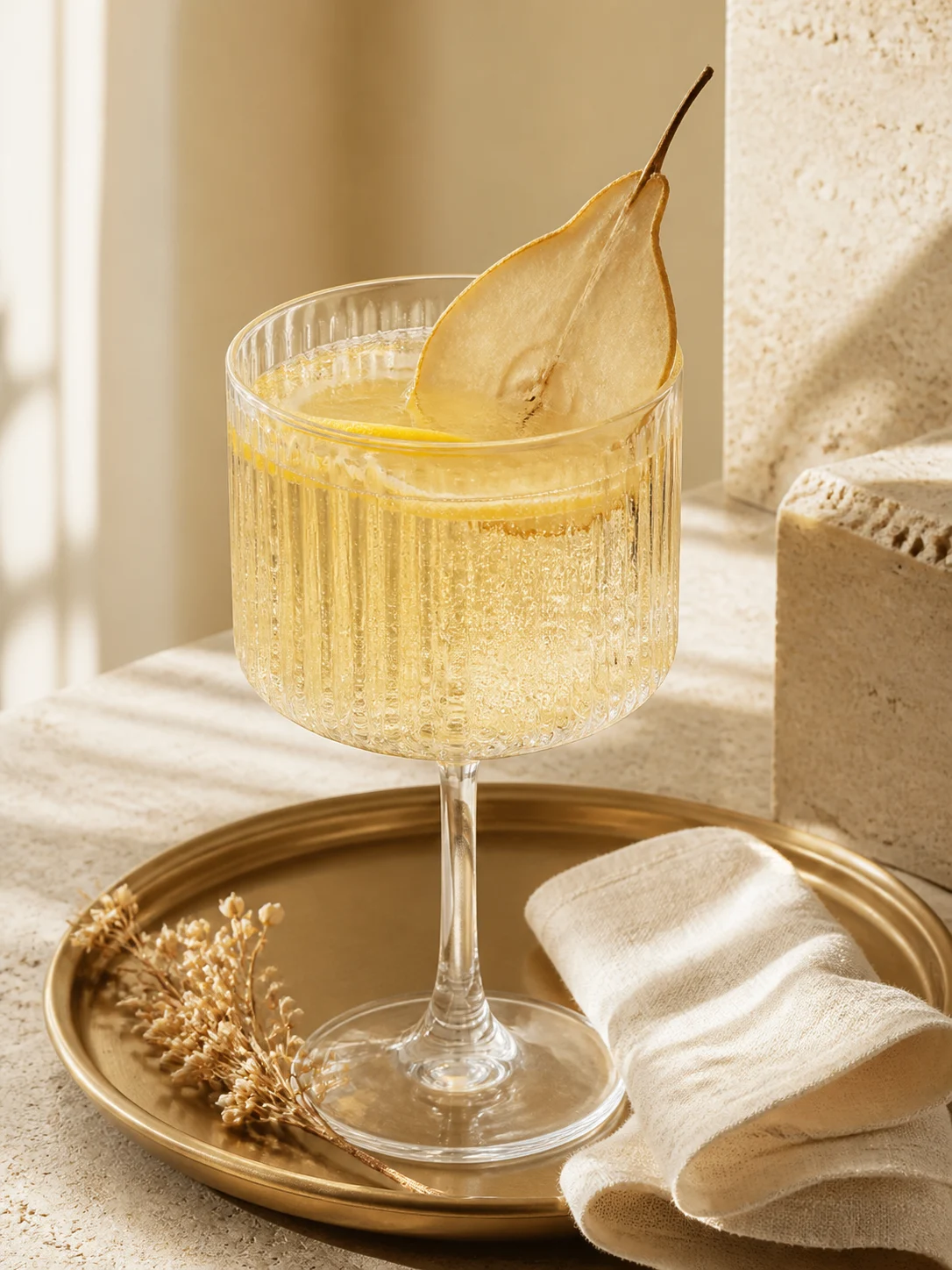 A sparkling pear and citrus welcome drink served on a champagne tray